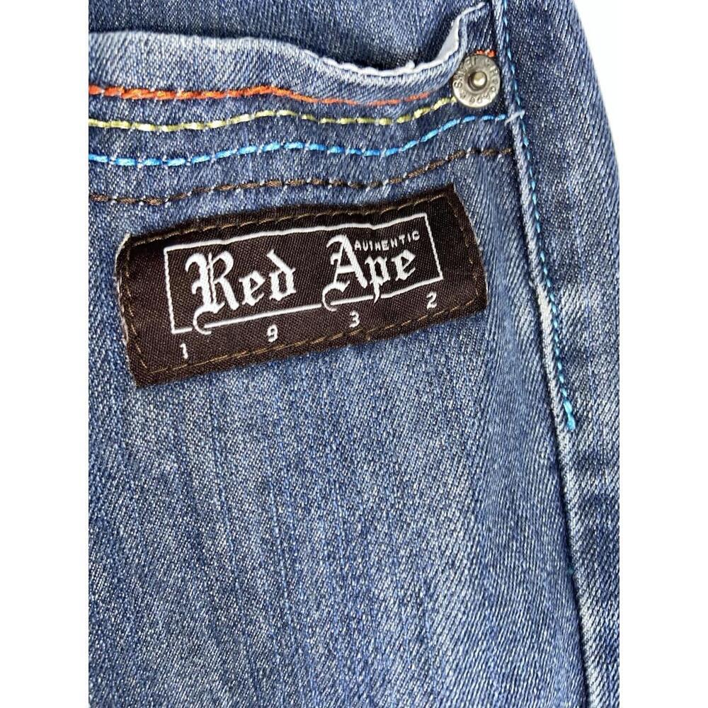 Vintage Y2K Red Ape Embroidered Denim Jean Shorts Size 38 Baggy Hip Hop Plaid - Picture 11 of 16